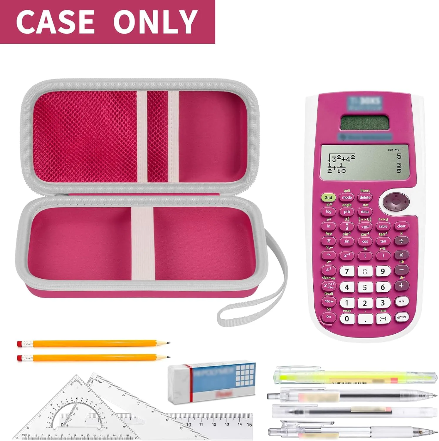 Case Compatible with Texas Instruments TI-30XS for MultiView Scientific Calculator, Storage Holder Carrying Organizer Bag with Mesh Pocket for Pens, Pencil, Batteries and Accessories (Box Only)-Pink