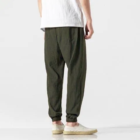 Casual Pants for Men Linen Japanese Pants Cotton Elastic Waist Comfy Beach