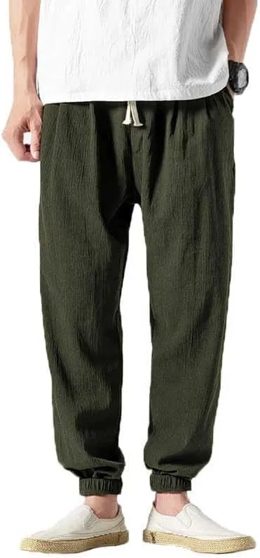 Casual Pants for Men Linen Japanese Pants Cotton Elastic Waist Comfy Beach