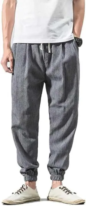 Casual Pants for Men Linen Japanese Pants Cotton Elastic Waist Comfy Beach