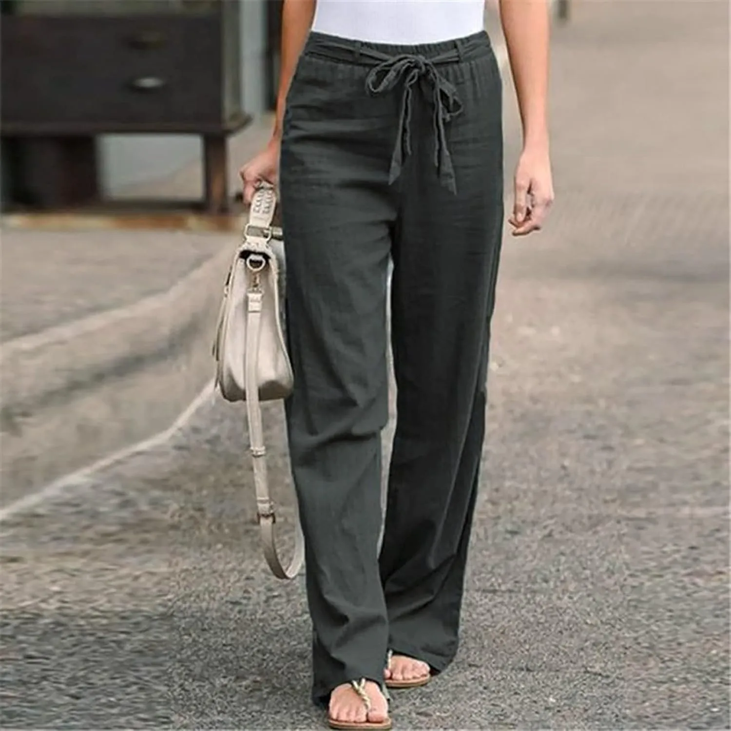 Ceboyel Womens Cotton Linen Summer Pants Drawstring High Waist Beach Pants Relax Fit Baggy Lounge Pants Causal Ladies Outfits