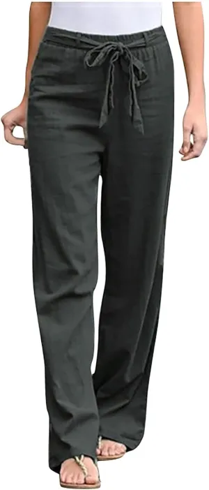 Ceboyel Womens Cotton Linen Summer Pants Drawstring High Waist Beach Pants Relax Fit Baggy Lounge Pants Causal Ladies Outfits
