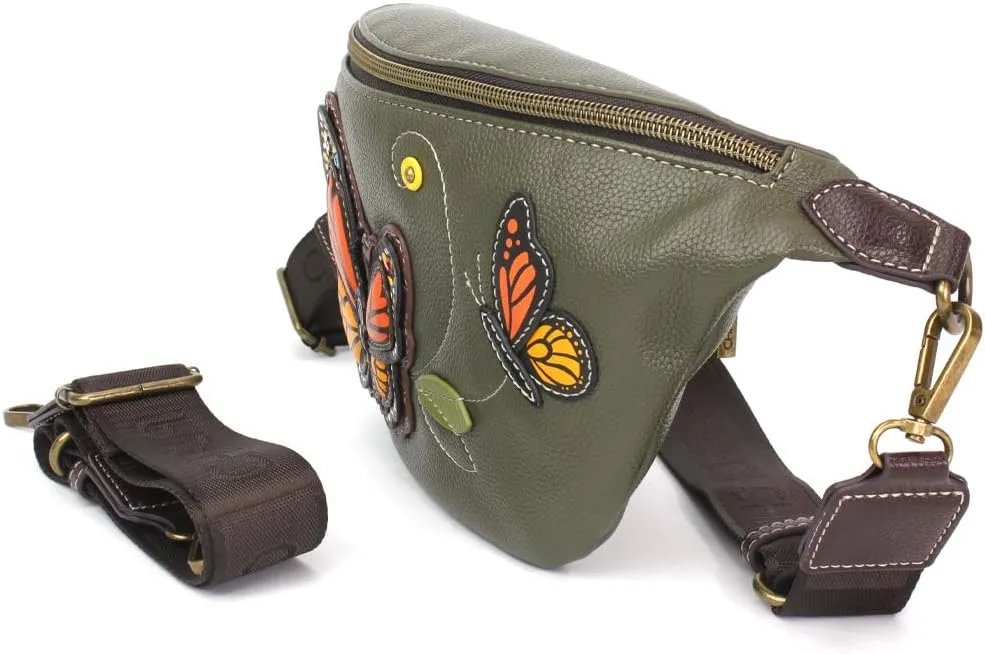 CHALA Fanny Pack Women RFID Protected Sling Purse and Waist Bag with Two Adjustable Straps - Monarch Butterfly - olive
