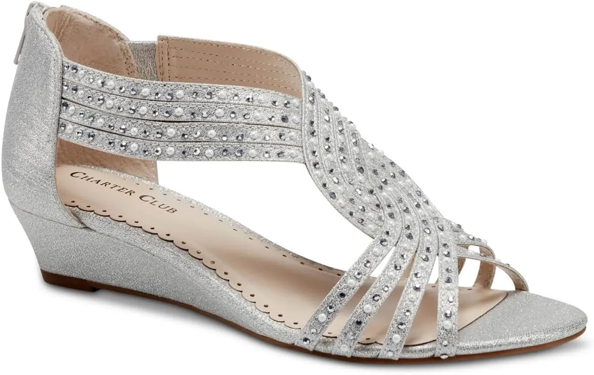 Charter Club Womens Ginifur 2 Faux Leather Wedge Sandals Silver 9 Medium (B,M)