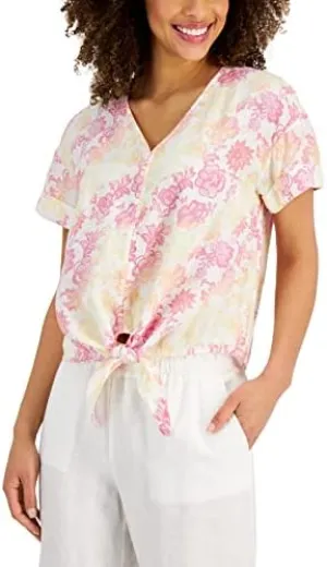 Charter Women's Linen Printed Tie-Front Top