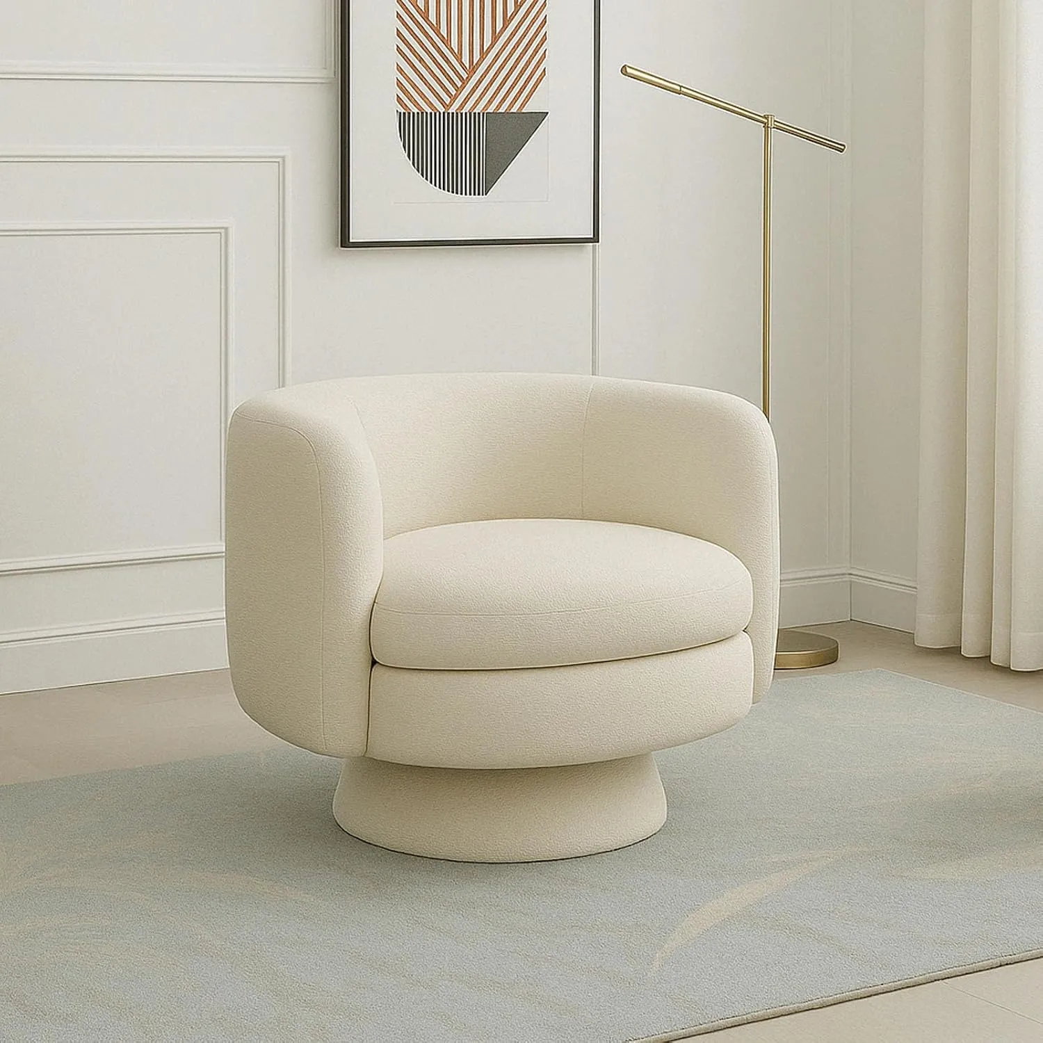 CHERS Swivel Accent Chair, Mid Century Modern Round Barrel Chairs, Upholstered Velvet Fabric Home Sofa Living Room with Solid Wood Base, Single Sofa Lounge Chair, White