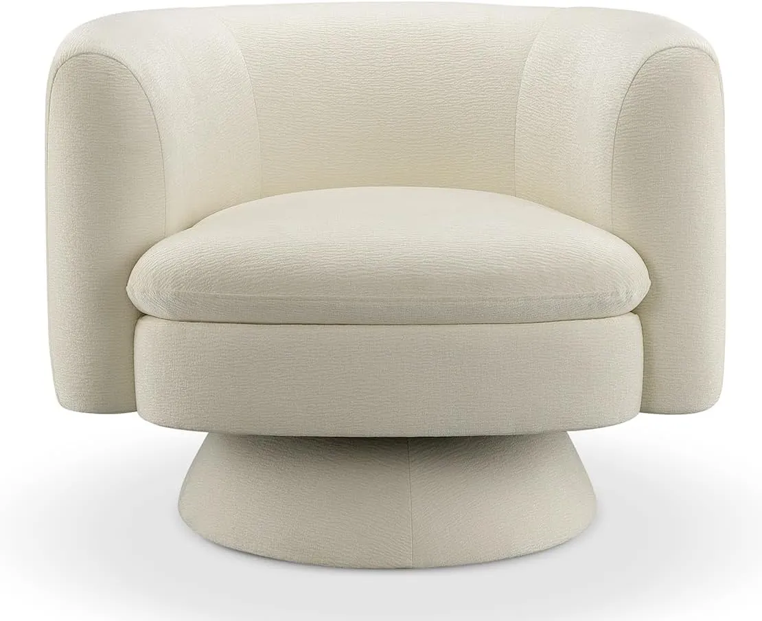 CHERS Swivel Accent Chair, Mid Century Modern Round Barrel Chairs, Upholstered Velvet Fabric Home Sofa Living Room with Solid Wood Base, Single Sofa Lounge Chair, White