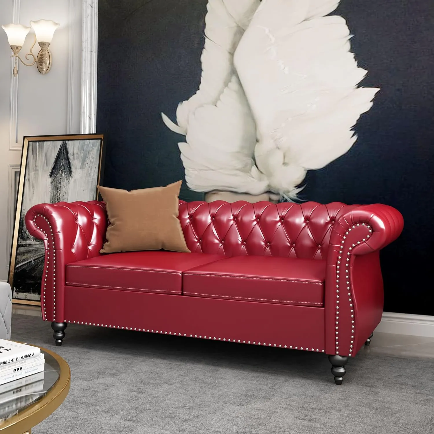 Chesterfield Loveseat, Modern Leather Sofa Tufted Couch 2 Seater with Rolled Arms and Nailhead for Living Room, Bedroom, Office, Apartment (Burgundy)