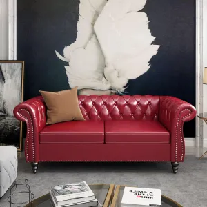 Chesterfield Loveseat, Modern Leather Sofa Tufted Couch 2 Seater with Rolled Arms and Nailhead for Living Room, Bedroom, Office, Apartment (Burgundy)