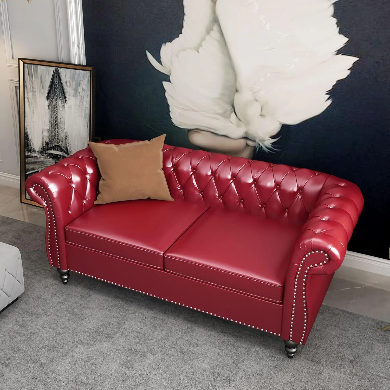 Chesterfield Loveseat, Modern Leather Sofa Tufted Couch 2 Seater with Rolled Arms and Nailhead for Living Room, Bedroom, Office, Apartment (Burgundy)