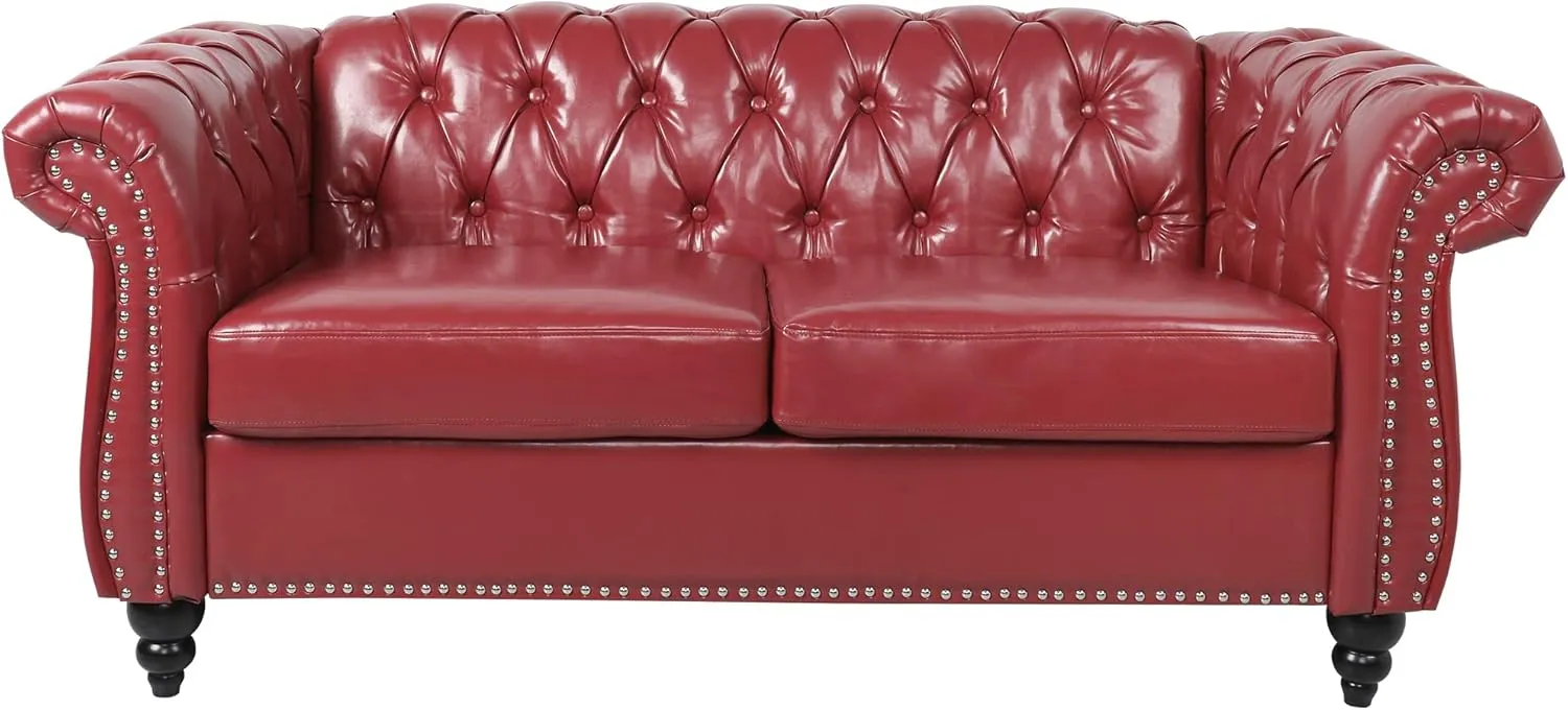 Chesterfield Loveseat, Modern Leather Sofa Tufted Couch 2 Seater with Rolled Arms and Nailhead for Living Room, Bedroom, Office, Apartment (Burgundy)