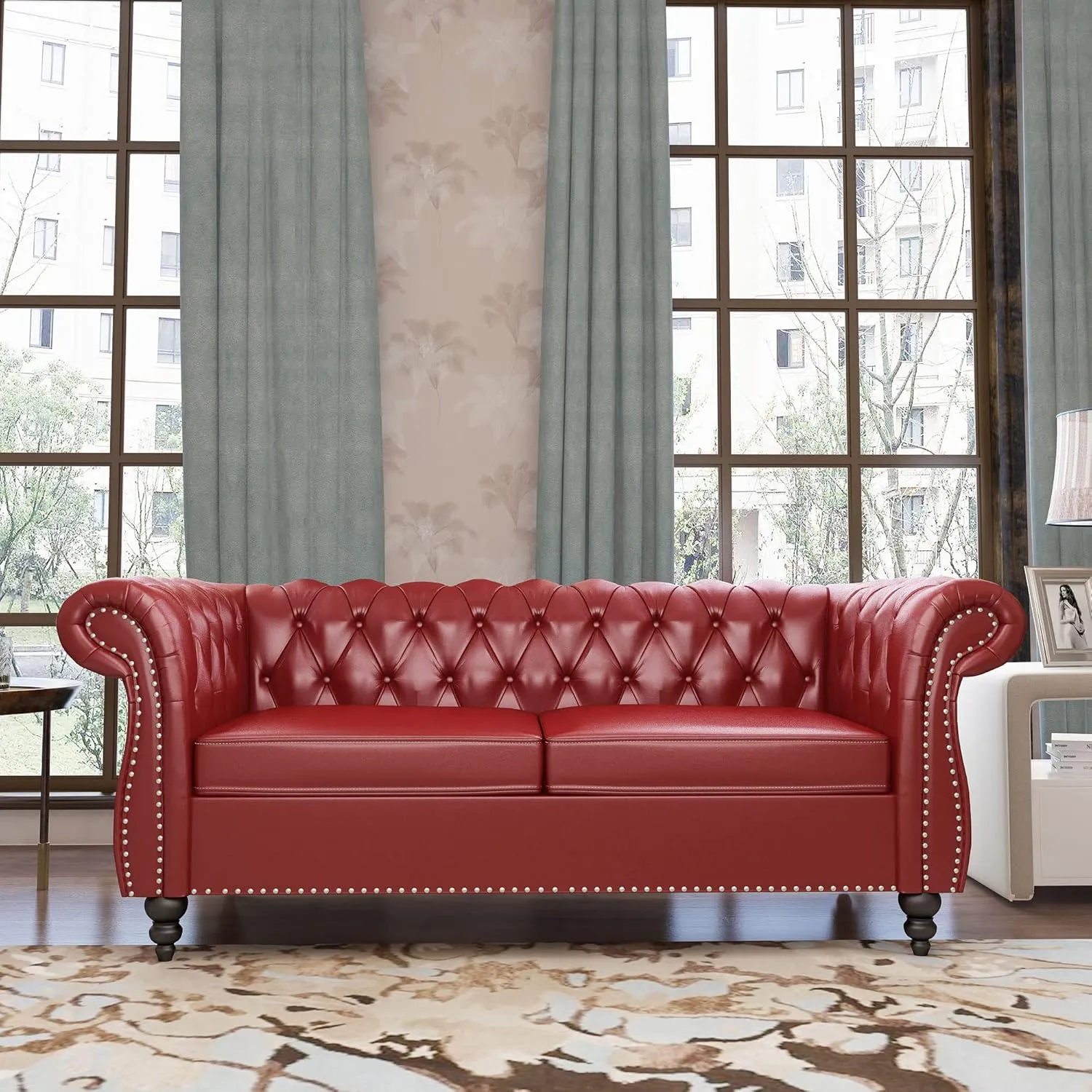 Chesterfield Loveseat, Modern Leather Sofa Tufted Couch 2 Seater with Rolled Arms and Nailhead for Living Room, Bedroom, Office, Apartment (Burgundy)