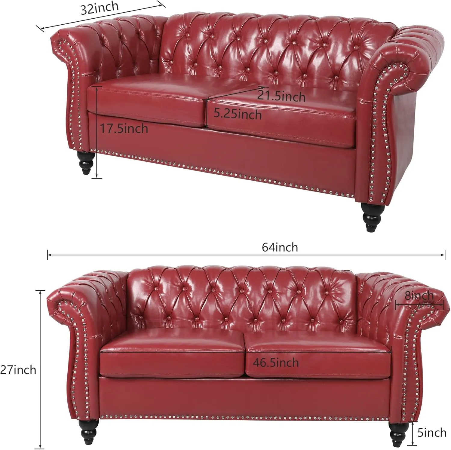 Chesterfield Loveseat, Modern Leather Sofa Tufted Couch 2 Seater with Rolled Arms and Nailhead for Living Room, Bedroom, Office, Apartment (Burgundy)