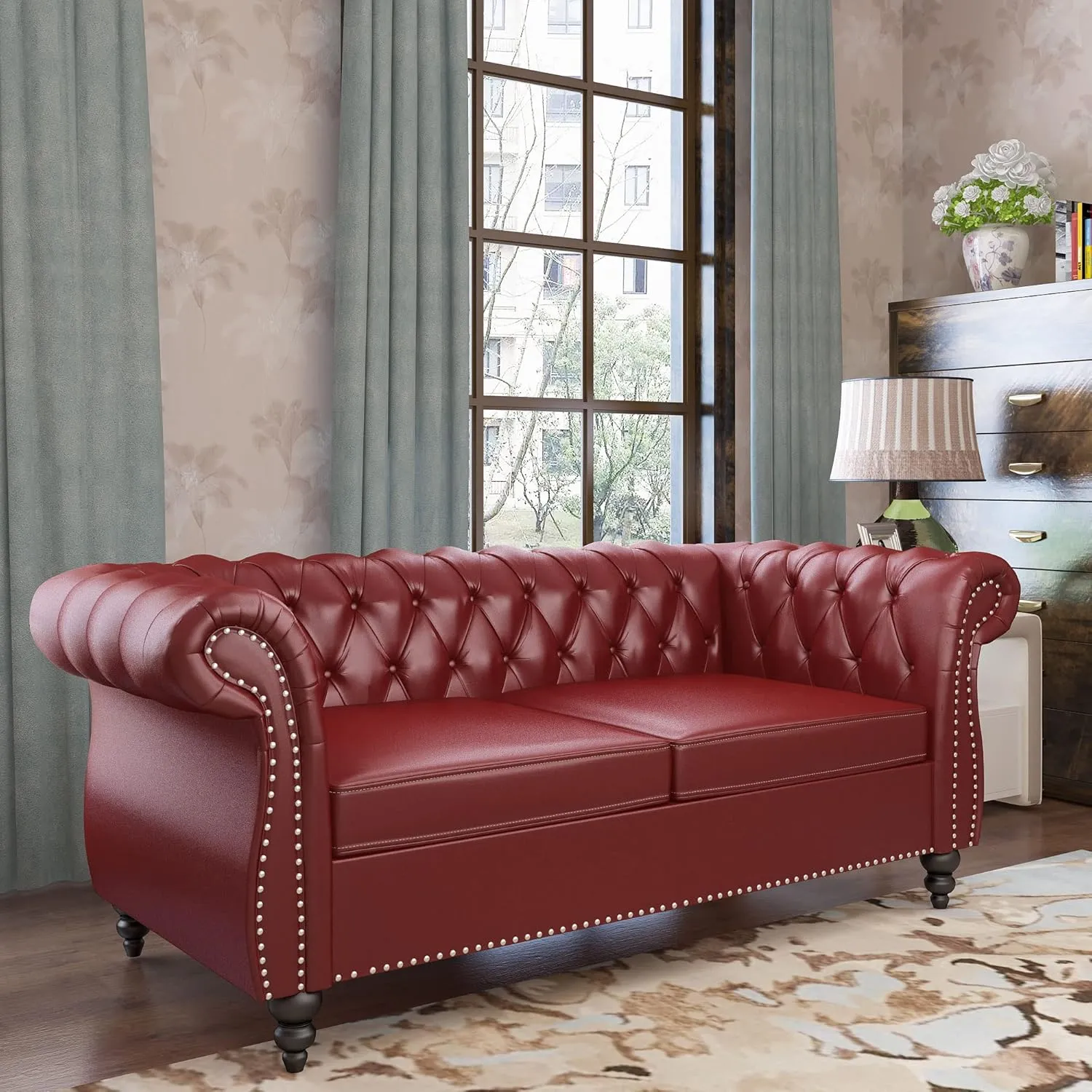 Chesterfield Loveseat, Modern Leather Sofa Tufted Couch 2 Seater with Rolled Arms and Nailhead for Living Room, Bedroom, Office, Apartment (Burgundy)
