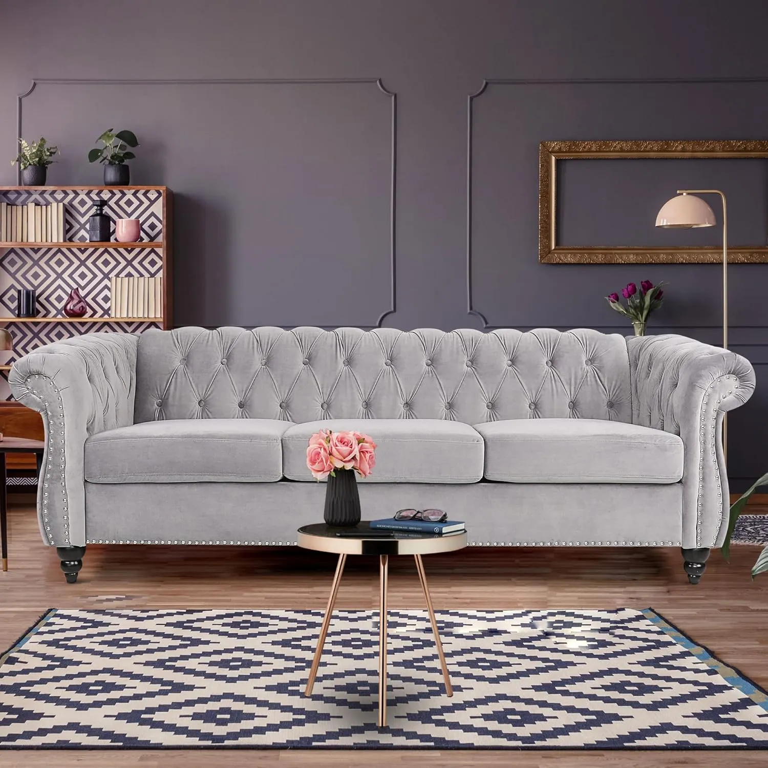 Chesterfield Sofa, Modern Tufted Velvet Couch 3 Seater with Scroll Arms and Nailhead for Living Room, Bedroom, Office, Apartment (Grey)