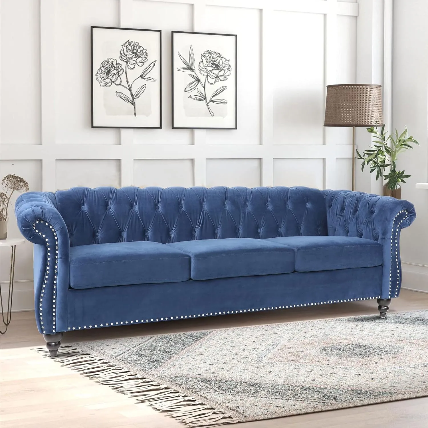 Chesterfield Sofa, Modern Velvet Tufted Couch 3 Seater with Scroll Arms and Nailhead for Living Room, Bedroom, Office, Apartment (Blue)