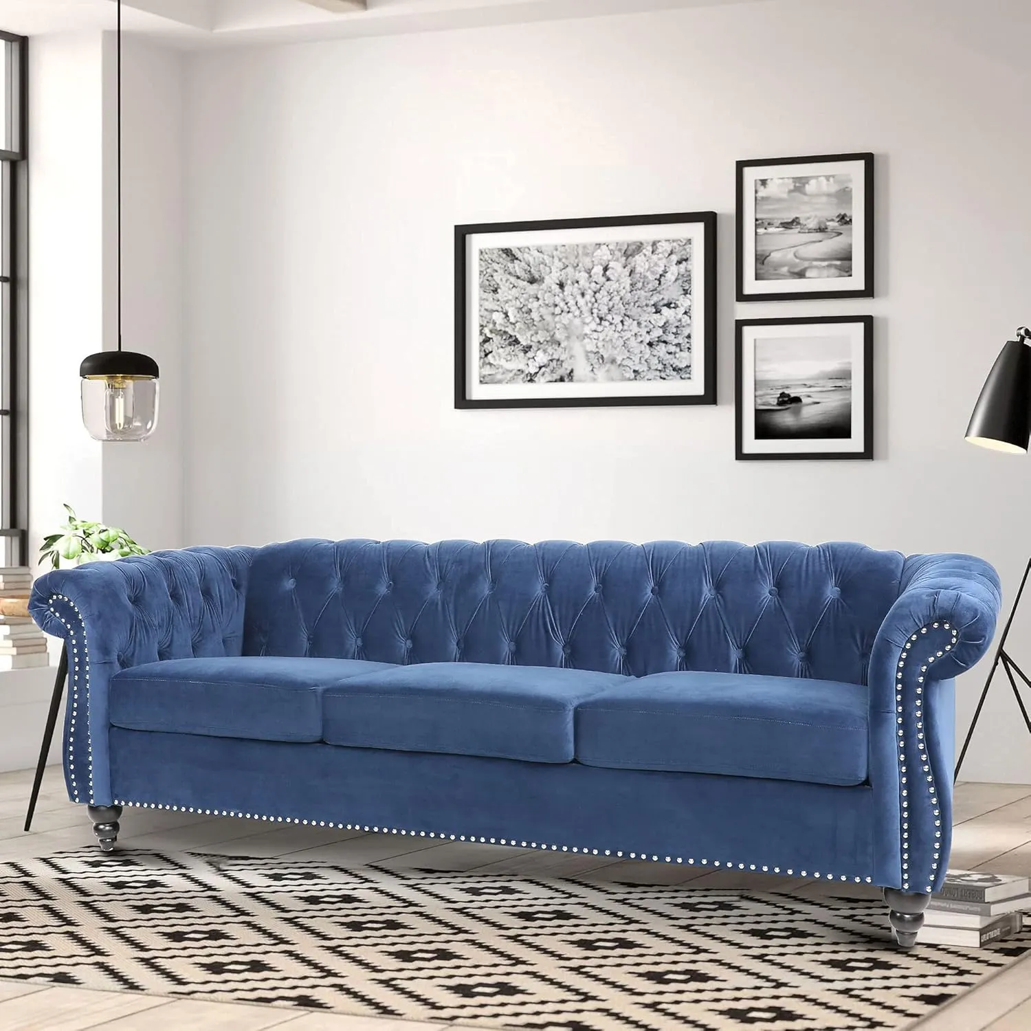 Chesterfield Sofa, Modern Velvet Tufted Couch 3 Seater with Scroll Arms and Nailhead for Living Room, Bedroom, Office, Apartment (Blue)