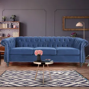 Chesterfield Sofa, Modern Velvet Tufted Couch 3 Seater with Scroll Arms and Nailhead for Living Room, Bedroom, Office, Apartment (Blue)