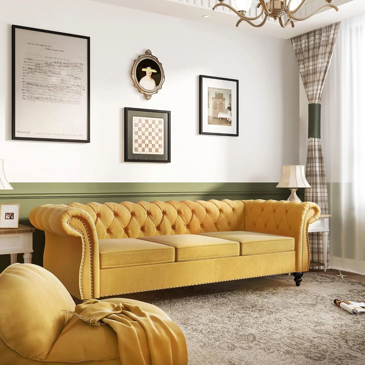 Chesterfield Sofa Velvet, Modern Tufted Couch 3 Seater with Rolled Arms and Nailhead for Living Room, Bedroom, Office, Apartment (Mango)