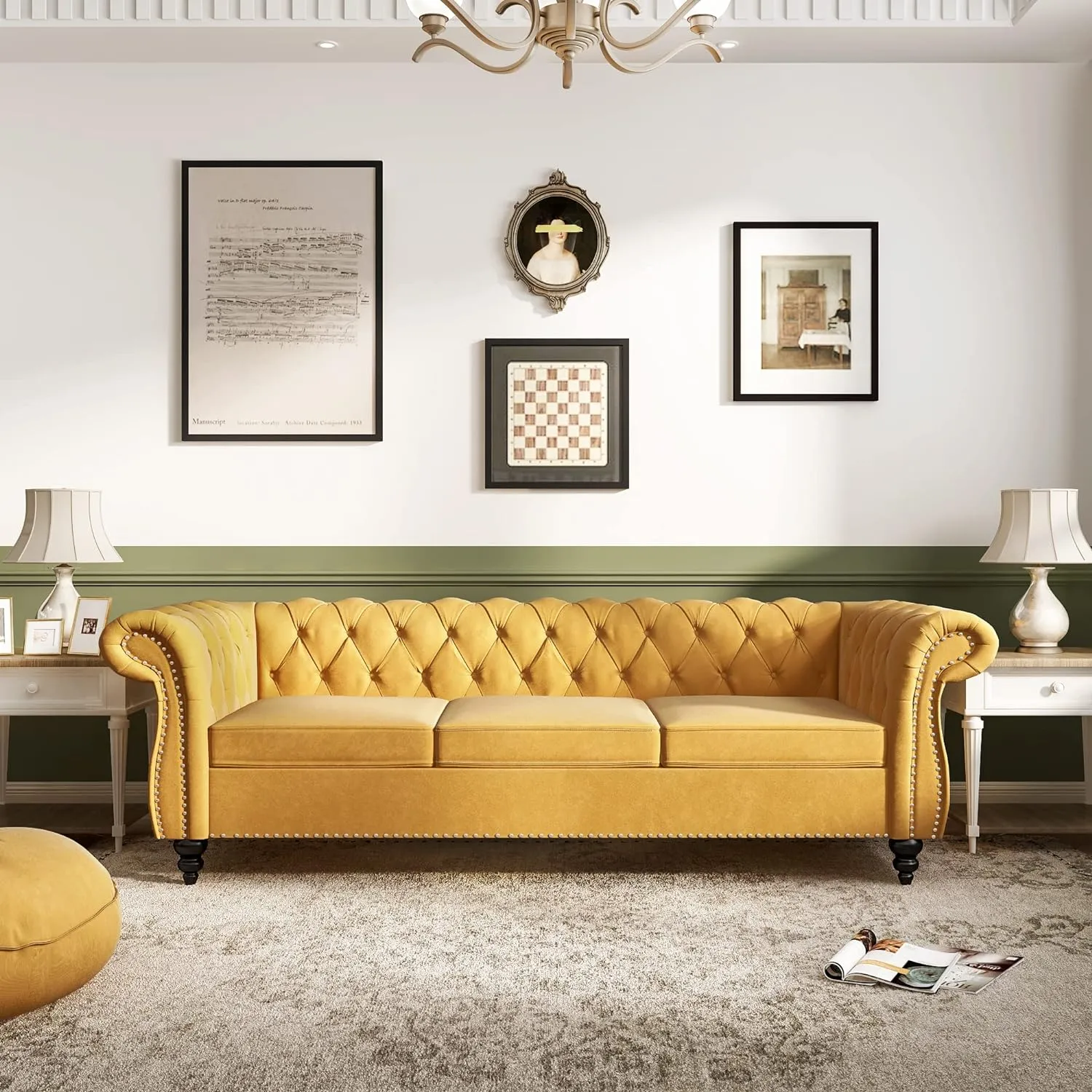 Chesterfield Sofa Velvet, Modern Tufted Couch 3 Seater with Rolled Arms and Nailhead for Living Room, Bedroom, Office, Apartment (Mango)
