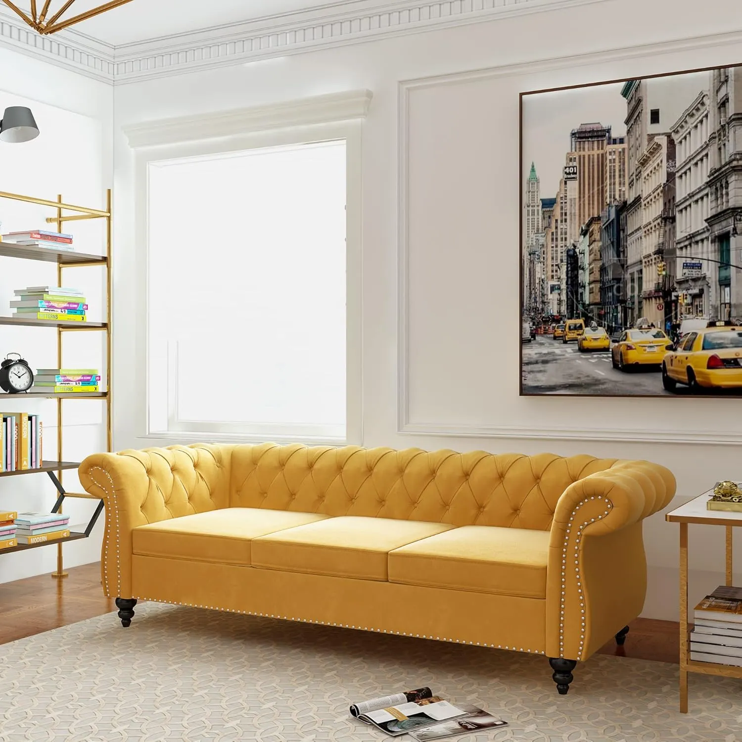 Chesterfield Sofa Velvet, Modern Tufted Couch 3 Seater with Rolled Arms and Nailhead for Living Room, Bedroom, Office, Apartment (Mango)
