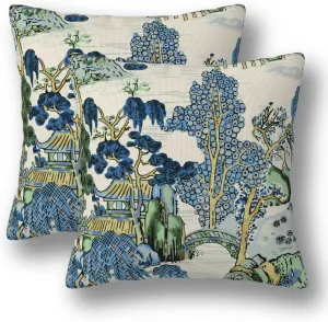 Chinoiserie Pillow Covers 18 x 18 Set of 2 Asian Scenic Linen Throw Pillow Cover Vintage Blue and Green Farmhouse Decorative Pillowcases for Living Room Couch Bed Sofa Outdoor