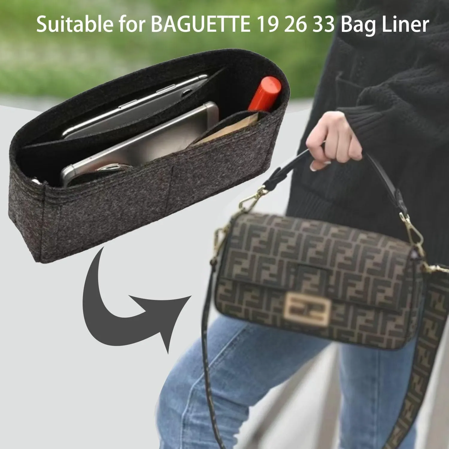 Chispee Purse Organizer Insert for Handbags, Softened Felt Insert Bag Organizer for Tote, Handbag Organizer fit for Baguette, Longchamp (Dark Grey, Small)