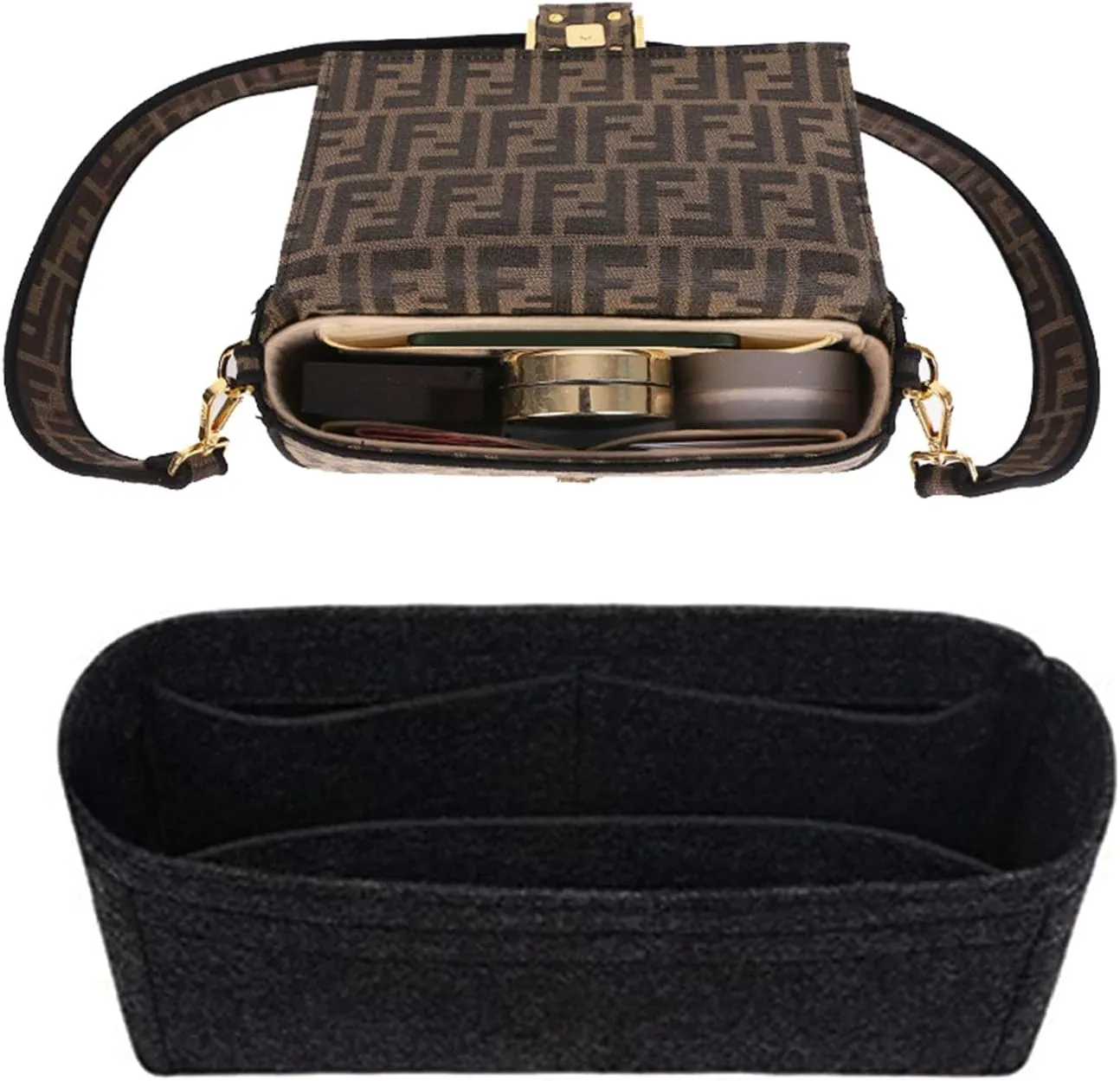 Chispee Purse Organizer Insert for Handbags, Softened Felt Insert Bag Organizer for Tote, Handbag Organizer fit for Baguette, Longchamp (Dark Grey, Small)