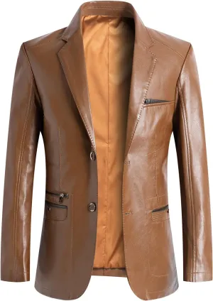 chouyatou Men's Casual Notched Collar 2 Button Slim Moto Faux Leather Blazer Suit Jacket