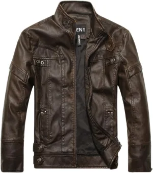 chouyatou Men's Vintage Stand Collar Pu Leather Jacket