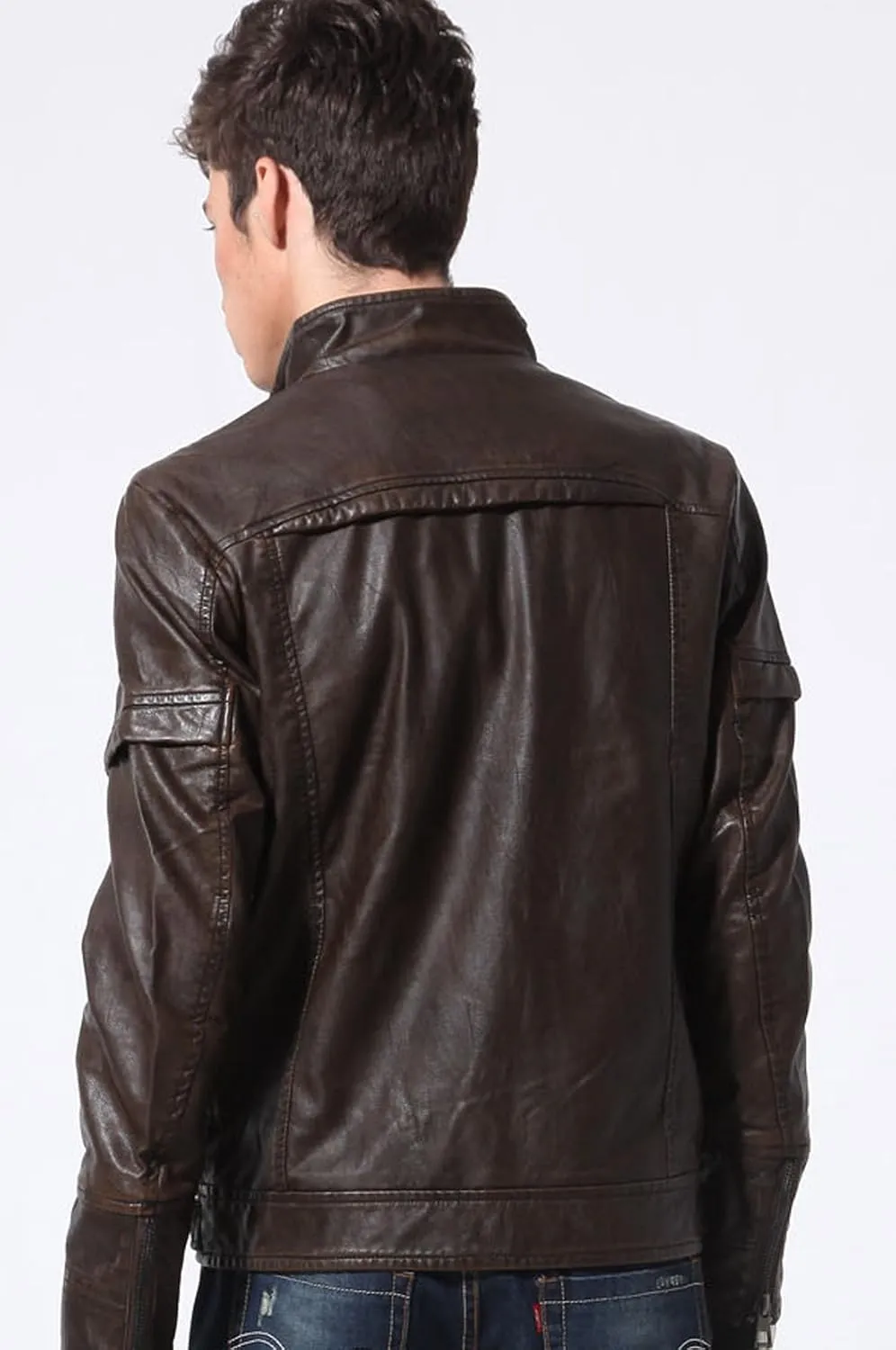 chouyatou Men's Vintage Stand Collar Pu Leather Jacket