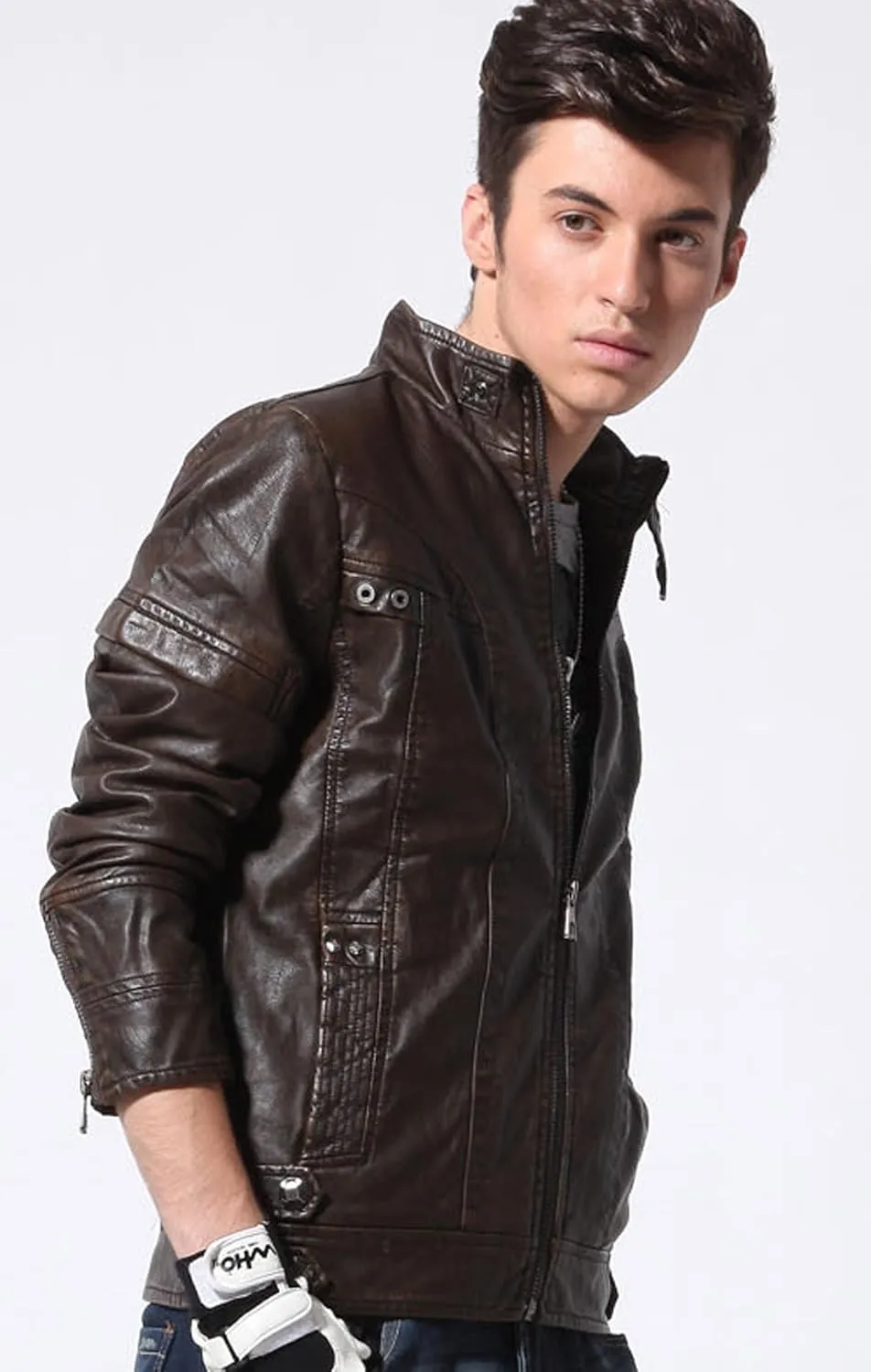 chouyatou Men's Vintage Stand Collar Pu Leather Jacket