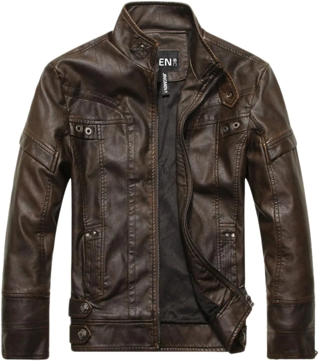 chouyatou Men's Vintage Stand Collar Pu Leather Jacket