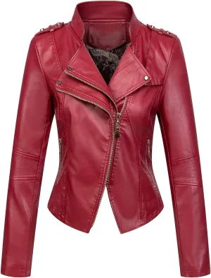 chouyatou Women's Candy Color Asymmetric Zip Slim Faux Leather Cropped Moto Jacket
