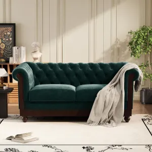 Christopher Knight Home Chesterfield Velvet Loveseat, 2-Seater Rolled Arm Upholstered Sofa Couch, Tufted Button Backrest and Birch Wood Leg, Living Room, Bedroom, Home Office, Forest Green   Espresso