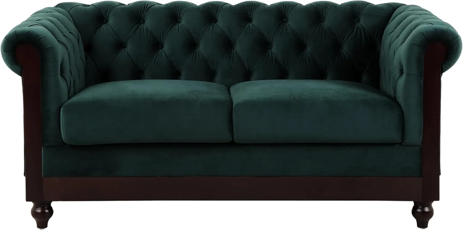 Christopher Knight Home Chesterfield Velvet Loveseat, 2-Seater Rolled Arm Upholstered Sofa Couch, Tufted Button Backrest and Birch Wood Leg, Living Room, Bedroom, Home Office, Forest Green   Espresso