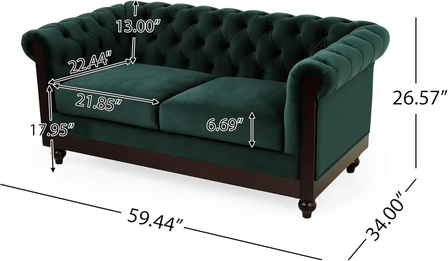 Christopher Knight Home Chesterfield Velvet Loveseat, 2-Seater Rolled Arm Upholstered Sofa Couch, Tufted Button Backrest and Birch Wood Leg, Living Room, Bedroom, Home Office, Forest Green   Espresso