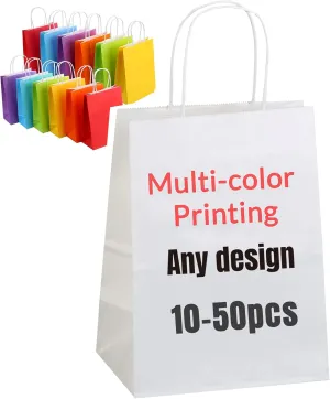 Cihomia 10-50pcs Custom Printed Paper Bags 8x4.3x10.5 Inch Small Gift Bag with Handles Bulk Birthday Party Grocery Retail Shopping Business