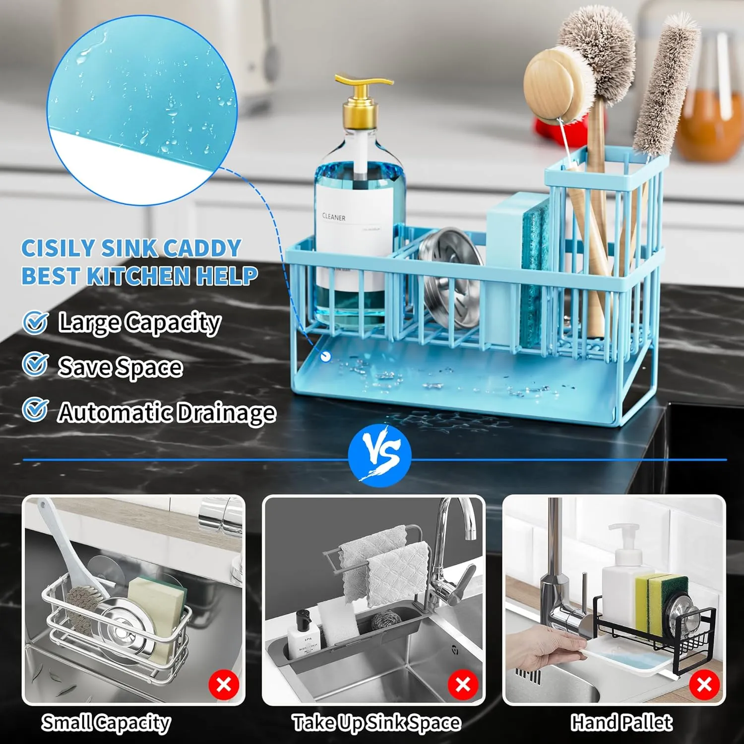 Cisily Blue Kitchen Sink Caddy Organzier with High Brush Holder, Sponge Holder for Sink, 304 Rustproof Stainless, Kitchen Countertop Soap Dispenser Organizer, Home Decor and Accessories