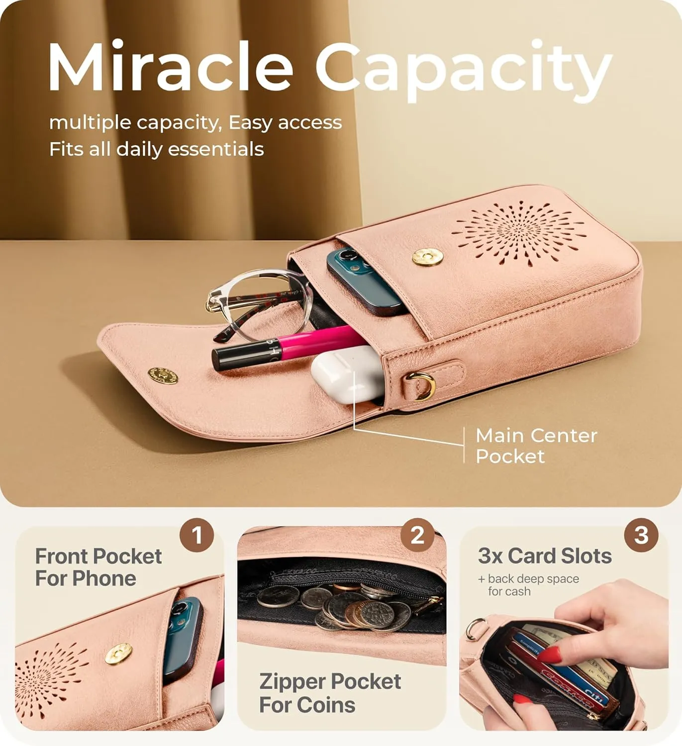 Claasico Crossbody Bag for Women, RFID Phone Purse, Card Slots Coin Pocket w/strap, Phone Holder PU Leather Crossbody Purse