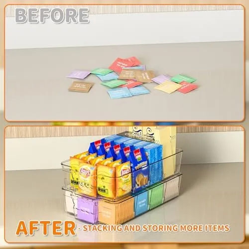 Clear Food Organizer for Fridge & Refrigerator,4 Pack Snack Organizer for Pantry Shelf,BPA Free Snack Bar Stackable Organizer Bins and Plastic Containers For Organizing Breast Milk,Tea Packet,Tea Bag
