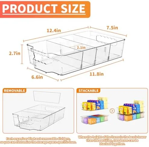 Clear Food Organizer for Fridge & Refrigerator,4 Pack Snack Organizer for Pantry Shelf,BPA Free Snack Bar Stackable Organizer Bins and Plastic Containers For Organizing Breast Milk,Tea Packet,Tea Bag