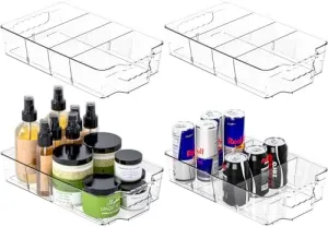 Clear Food Organizer for Fridge & Refrigerator,4 Pack Snack Organizer for Pantry Shelf,BPA Free Snack Bar Stackable Organizer Bins and Plastic Containers For Organizing Breast Milk,Tea Packet,Tea Bag