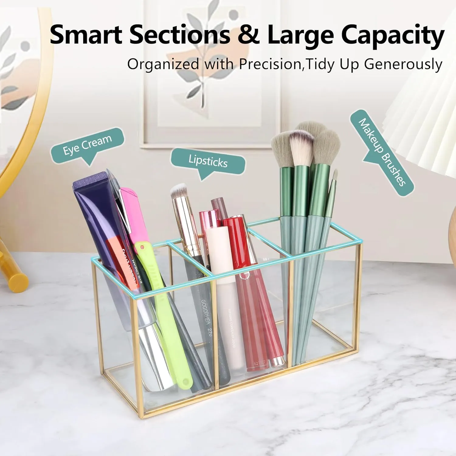 Clear Glass Makeup Brush Organizer,Luxurious Tempered Glass Cosmetics Brushes Storage Holder for Refined Bathroom Decor (Gold, 3 Sections)