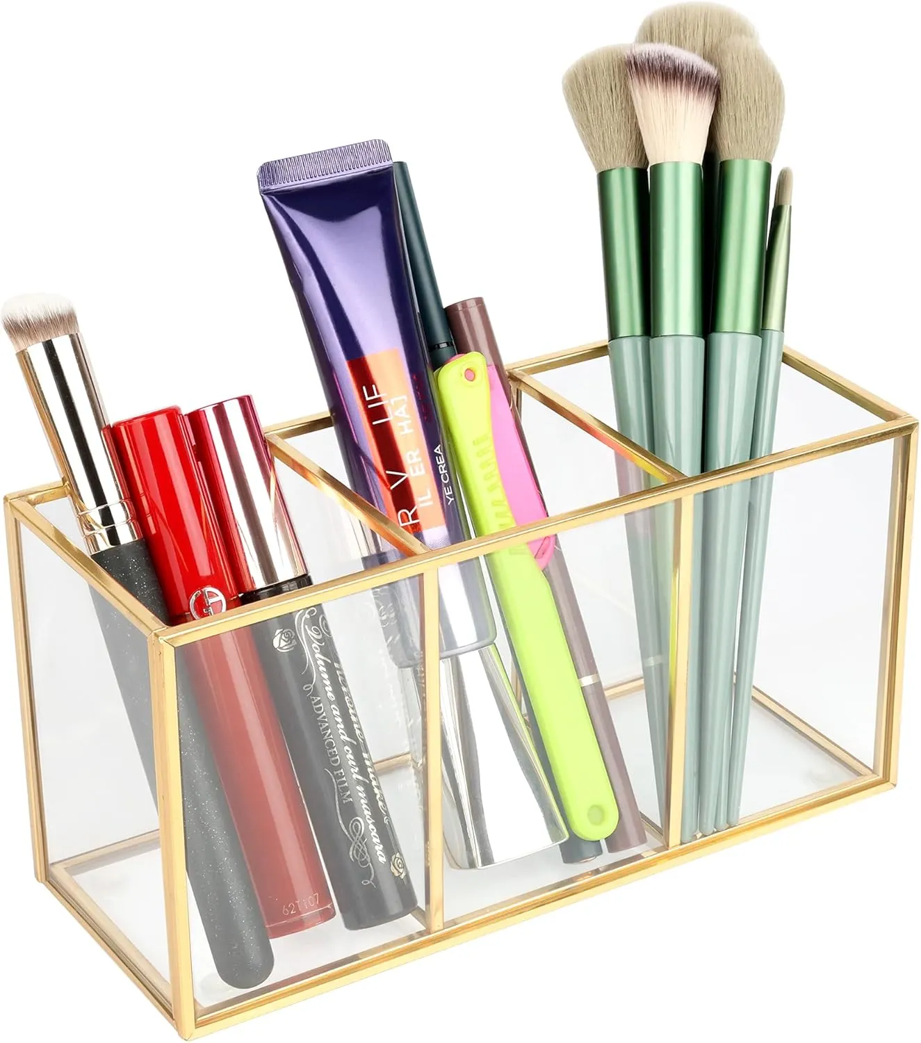 Clear Glass Makeup Brush Organizer,Luxurious Tempered Glass Cosmetics Brushes Storage Holder for Refined Bathroom Decor (Gold, 3 Sections)