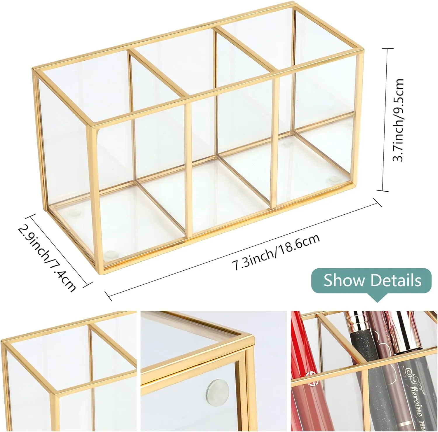 Clear Glass Makeup Brush Organizer,Luxurious Tempered Glass Cosmetics Brushes Storage Holder for Refined Bathroom Decor (Gold, 3 Sections)