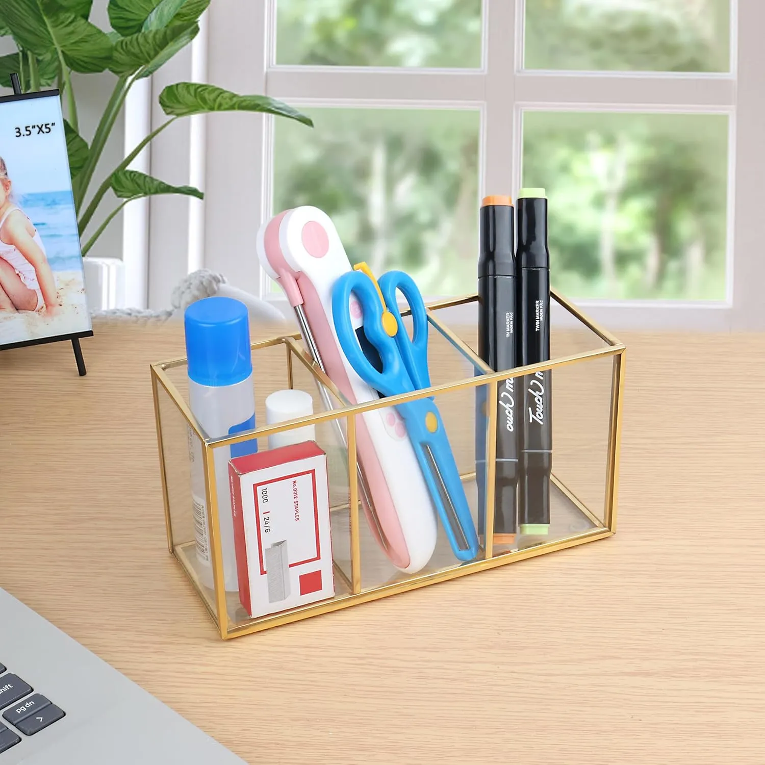 Clear Glass Makeup Brush Organizer,Luxurious Tempered Glass Cosmetics Brushes Storage Holder for Refined Bathroom Decor (Gold, 3 Sections)