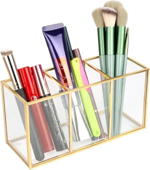 Clear Glass Makeup Brush Organizer,Luxurious Tempered Glass Cosmetics Brushes Storage Holder for Refined Bathroom Decor (Gold, 3 Sections)
