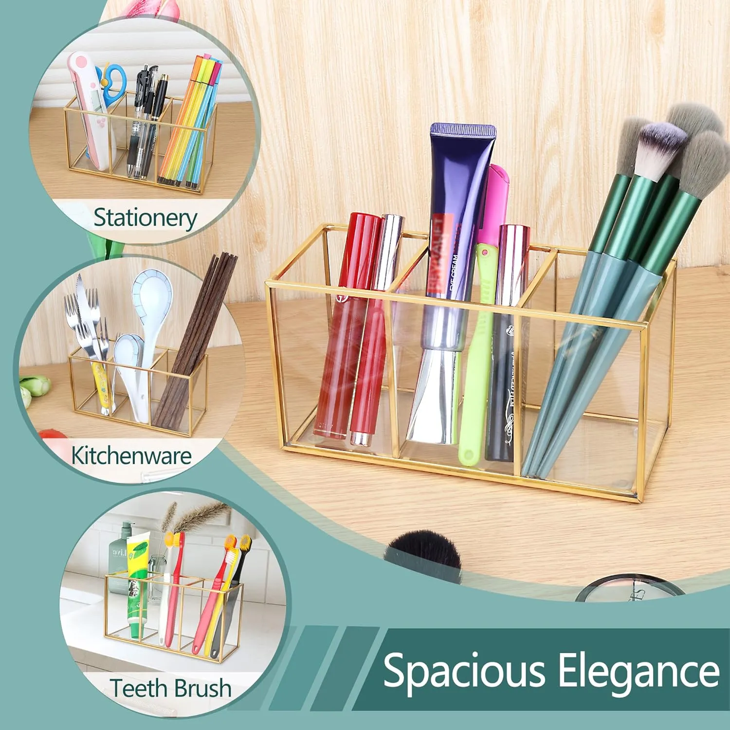 Clear Glass Makeup Brush Organizer,Luxurious Tempered Glass Cosmetics Brushes Storage Holder for Refined Bathroom Decor (Gold, 3 Sections)