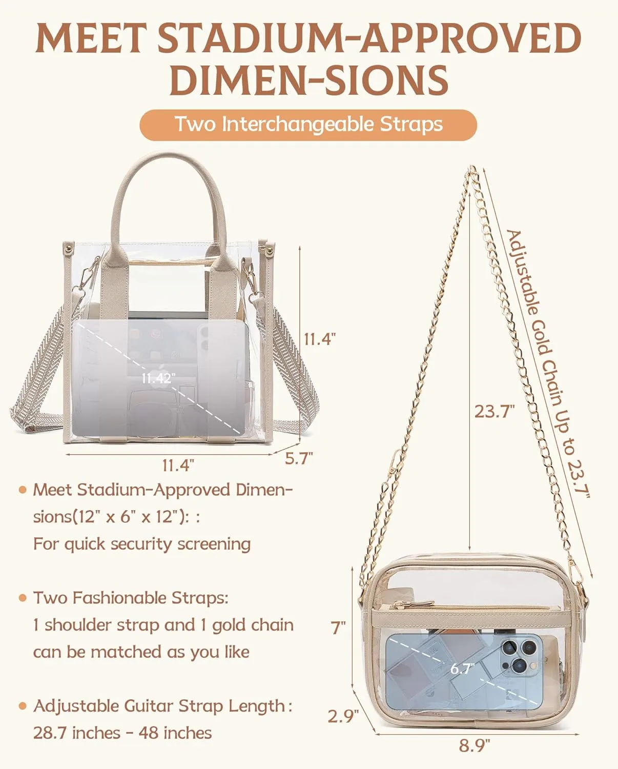 Clear Tote Bag for Stadium Events 2pcs, Clear Purse Stadium Approved Crossbody Bags for Women with Guitar Strap Gold Chain
